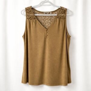 Reitmans Olive Green Crochrt Lace Yoke Henley Tank Top Plus Size Casual Classic